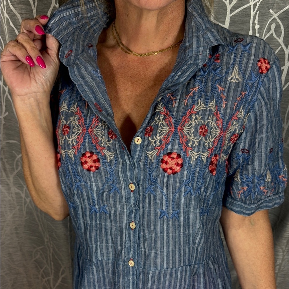 Johnny Was 3J Workshop Blue Embroidered Midi Dress L - Picture 4 of 9